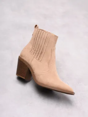 Beige Suede Western Block Chunky Heel-Boots