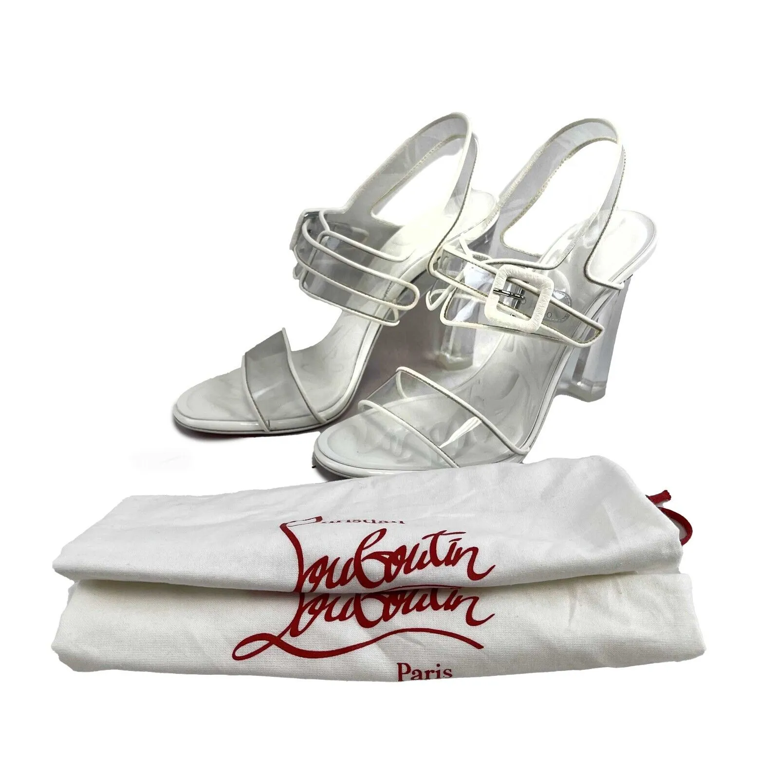 Christian Louboutin Loubi Duniss 100 White Clear PVC Strap Heel Pump 38.5 US 8.5