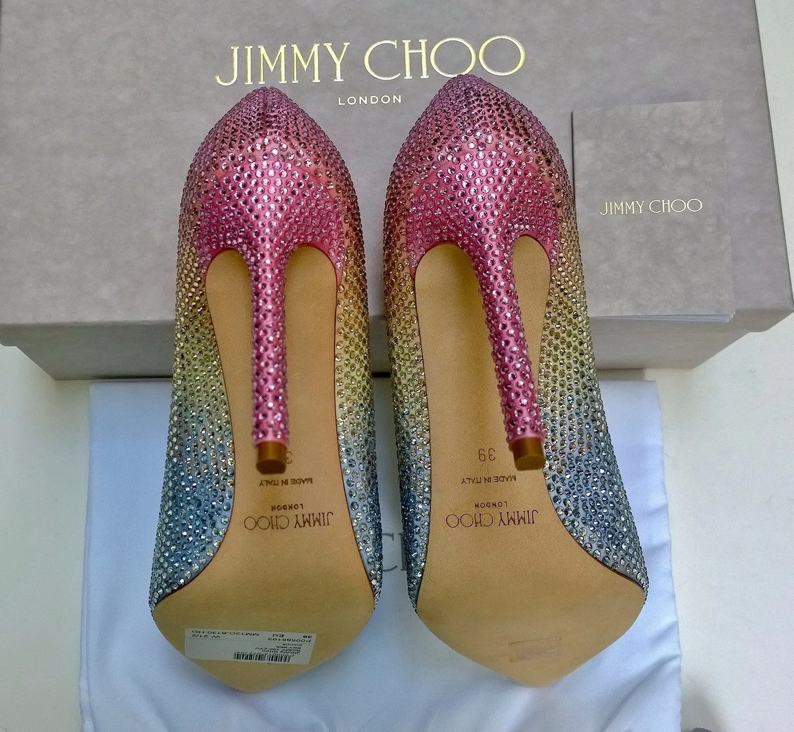 Jimmy Choo Romy 100 Rhinestone Rainbow Heels in Sky Mix