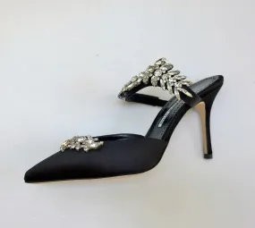 Manolo Blahnik Lurum 90 Black Satin Strass Rhinestone Heels Mules